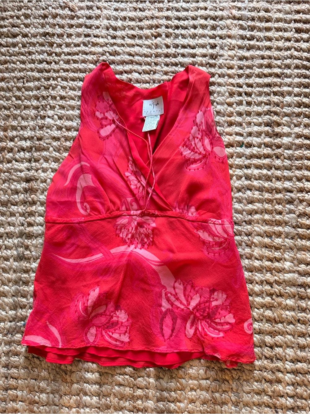 100% silk Vintage Y2k babydoll Pink red Floral Sleeveless V-Neck Women’s Top